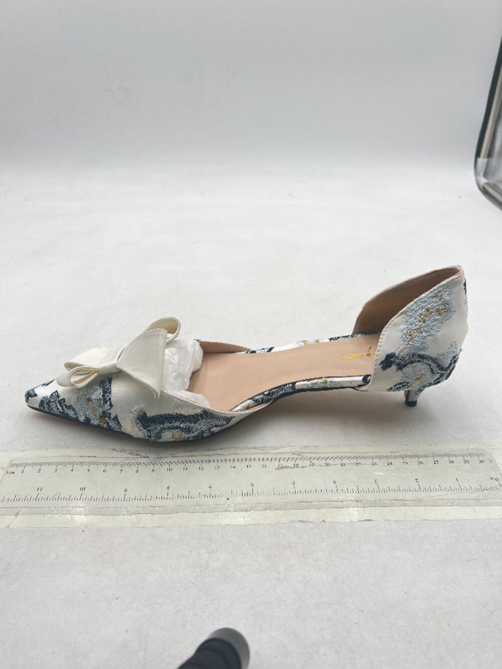 XYD Blue Flower White-bow D'Orsay Kitten Heel Bridal Bowknot Pumps Elegant Shoes - Picture 2 of 8